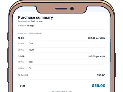 Checkout screen with all 4 family eSIMs in cart, single payment button