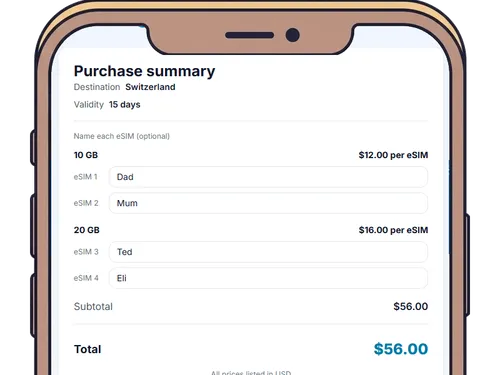 Checkout screen with all 4 family eSIMs in cart, single payment button