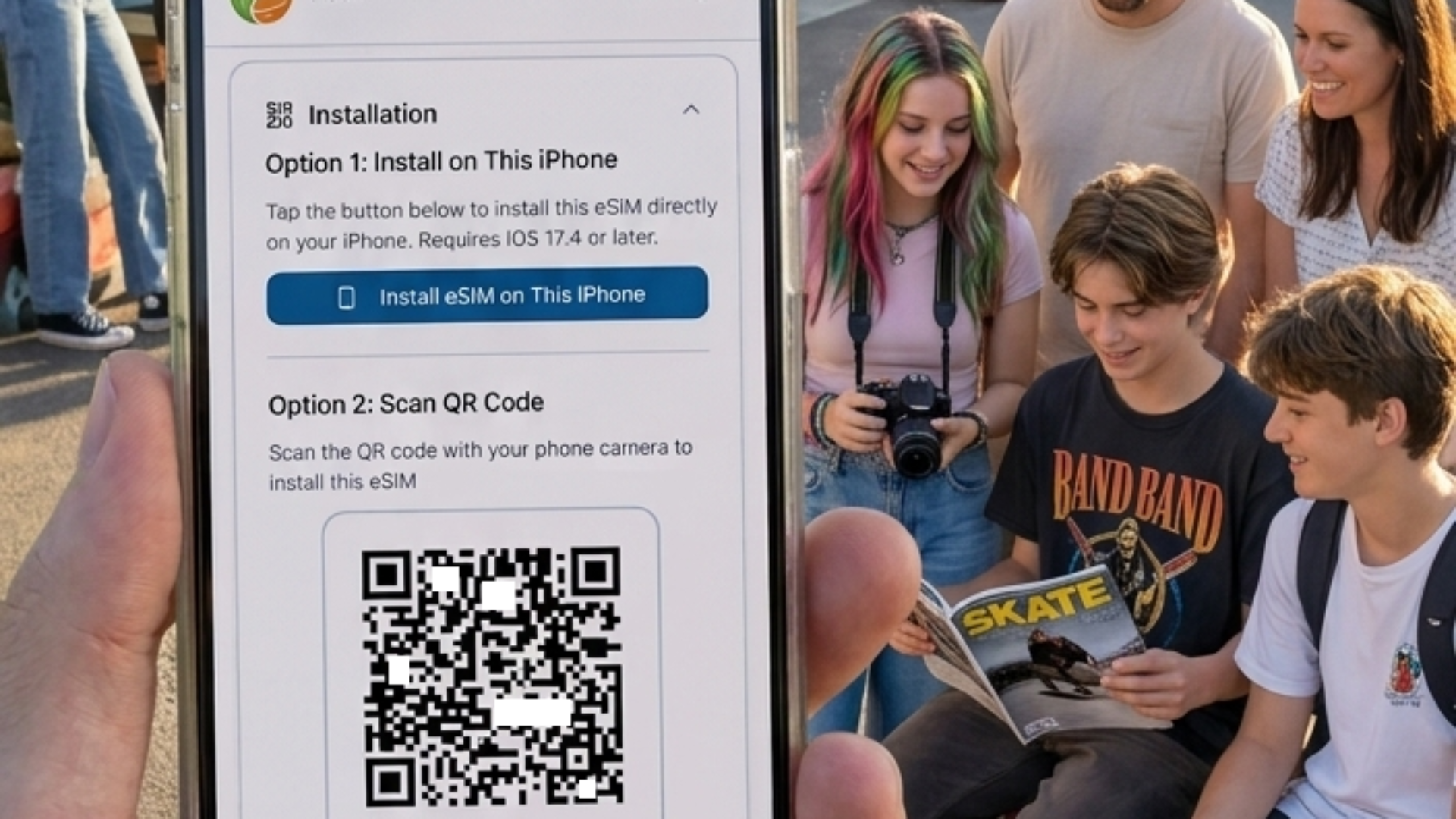 Person scanning a QR code to install an eSIM on their smartphone
