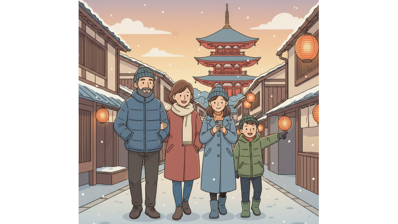 Family using mobile devices while traveling through Asia