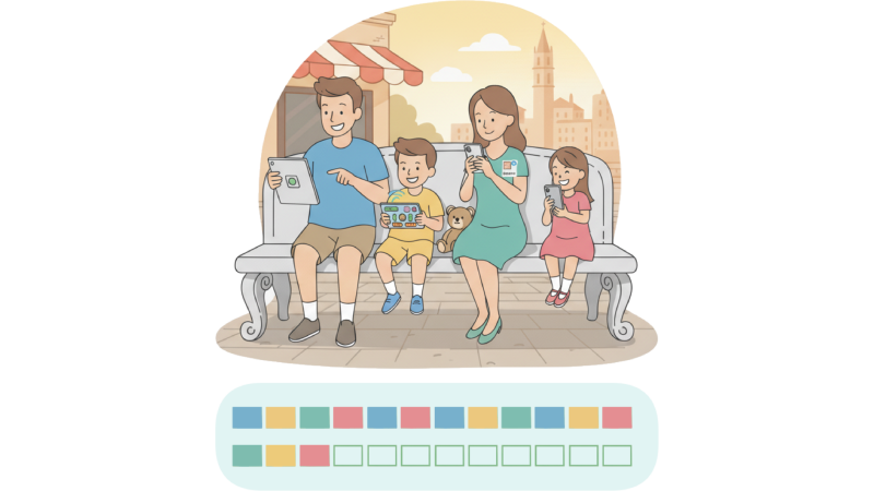 Family sharing mobile data on tablets and smartphones during travel